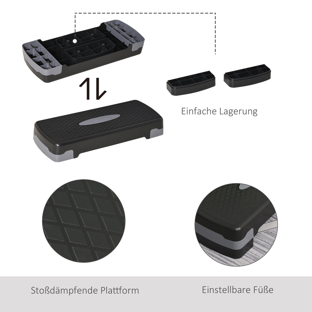 HOMCOM Steppbrett Aerobic Fitness Heimtrainer Stepper 2-stufig höhenverstellbar(10/15 cm) geeignet für den Heim und Bürogebrauch Schwarz+Grau 68 x 29 x 15 cm