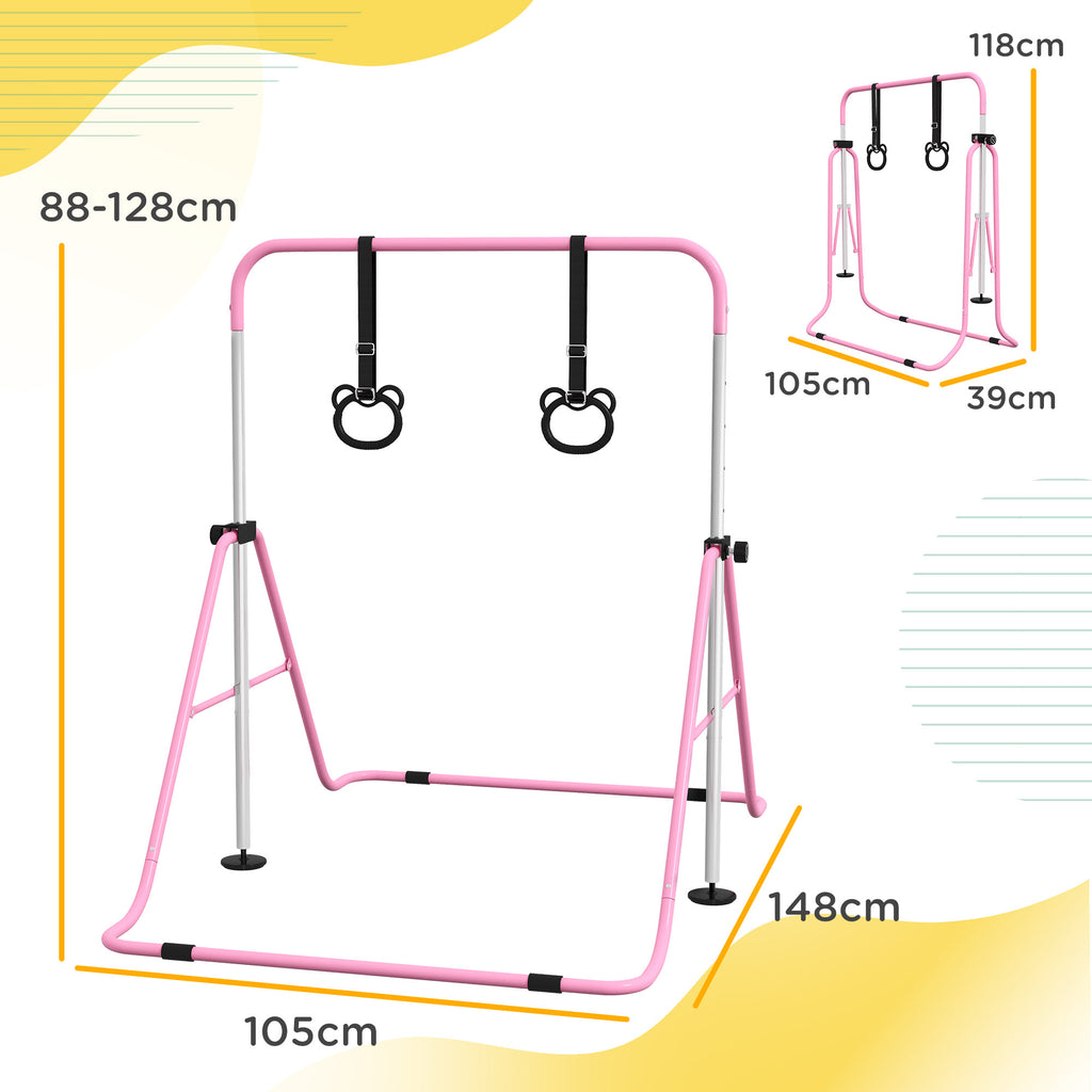 HOMCOM Kinder-Turnbarren mit Ringen, höhenverstellbar, klappbar, rutschfest, Stahlrahmen, 148x105x88-128 cm, Pink