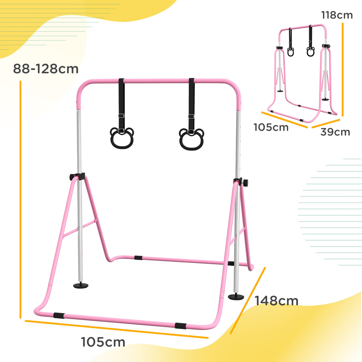 HOMCOM Kinder-Turnbarren mit Ringen, höhenverstellbar, klappbar, rutschfest, Stahlrahmen, 148x105x88-128 cm, Pink