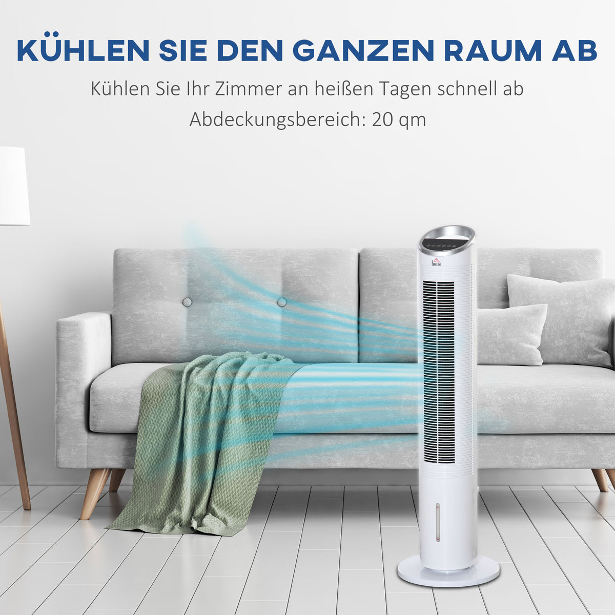 HOMCOM Turmventilator mit Wasserkühlung und Fernbedienung 60W 20㎡ 30 cm x 30 cm x 100,8 cm 3 Modi Weiß