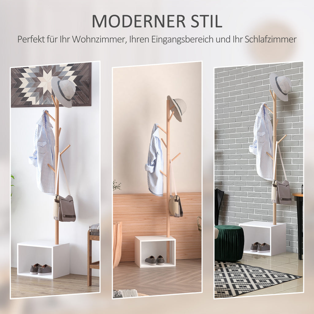 HOMCOM Garderobenständer Kleiderhaken Garderobe mit Sitzbank Stauraum Baum-Design Zweige 6 Haken Bambus Weiß Natur 40 x 30 x 180 cm