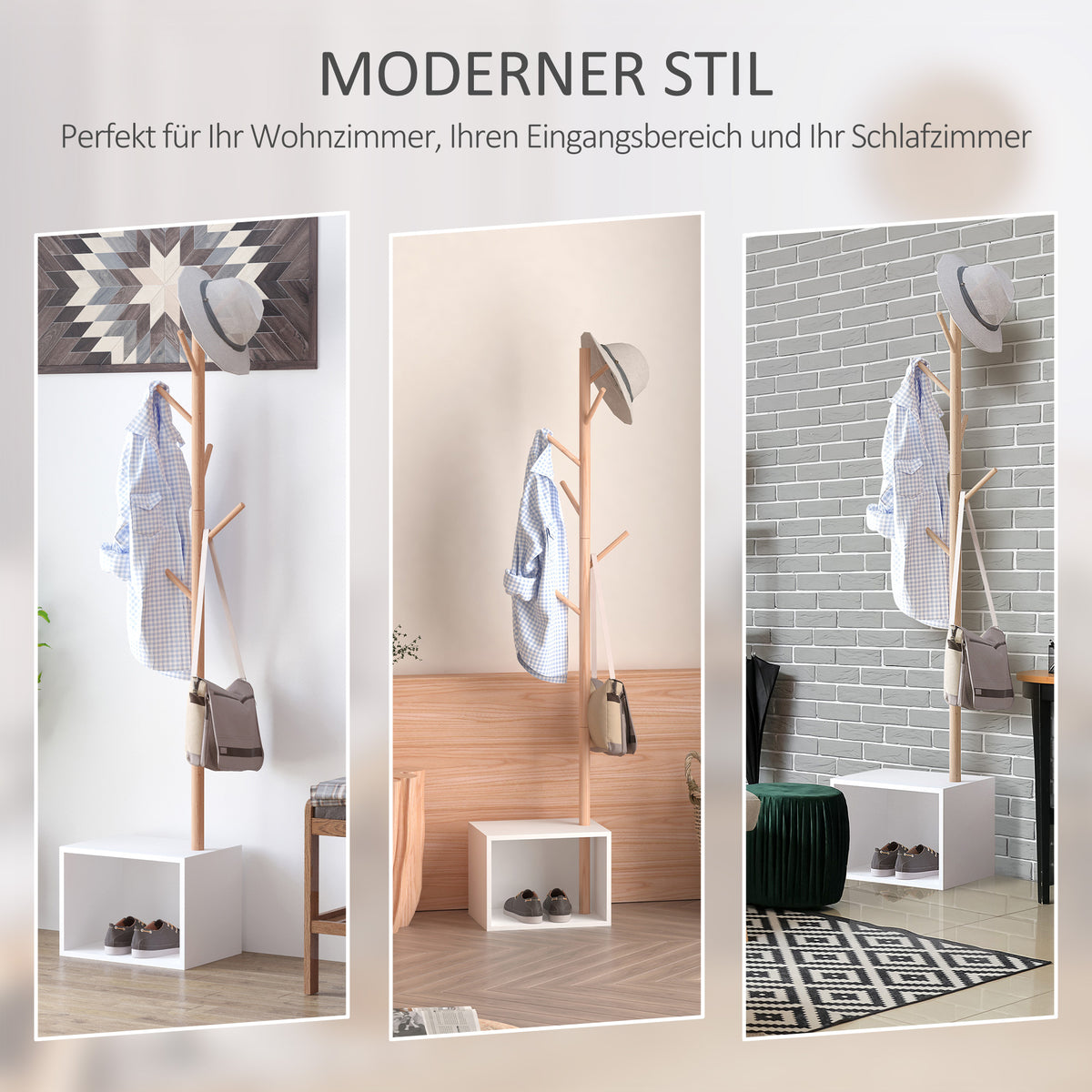 HOMCOM Garderobenständer Kleiderhaken Garderobe mit Sitzbank Stauraum Baum-Design Zweige 6 Haken Bambus Weiß Natur 40 x 30 x 180 cm