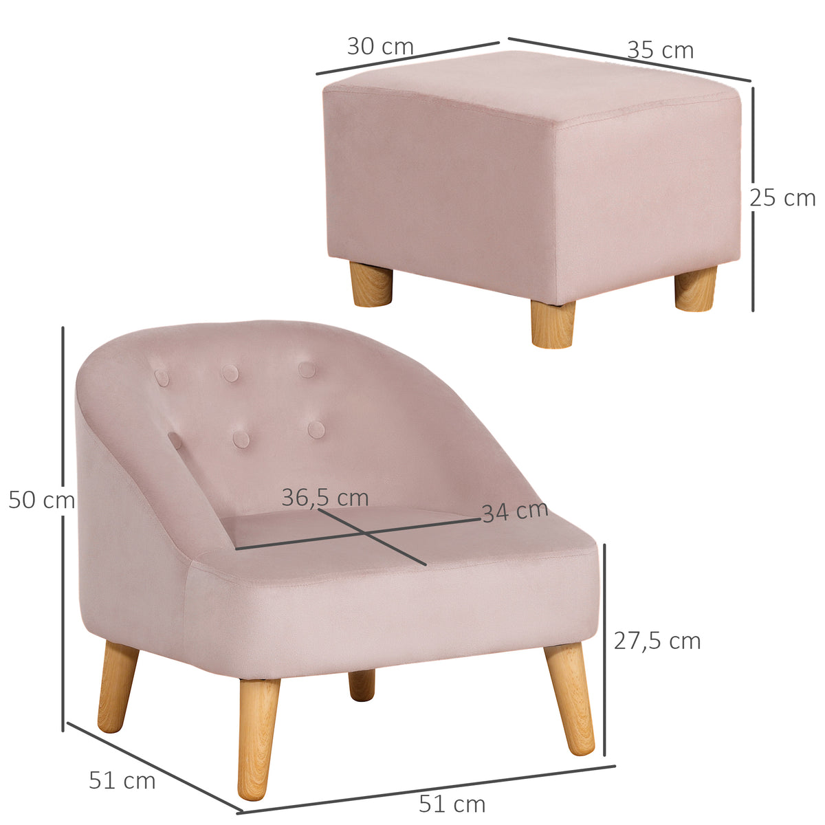 HOMCOM Kindersessel mit Ottomane für Kinder von 3 bis 5 Jahren Niedliches Design Samtoptik 51 cm x 51 cm x 50 cm Rosa
