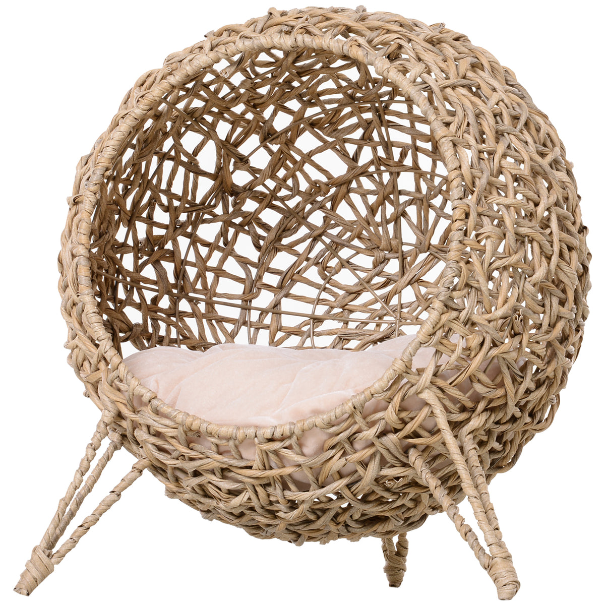 PawHut Katzenhaus aus Rattan mit Kissen Katzenschlafplatz Katzenhöhle mit erhöhten Füßen Natur Ø52 x 58 cm