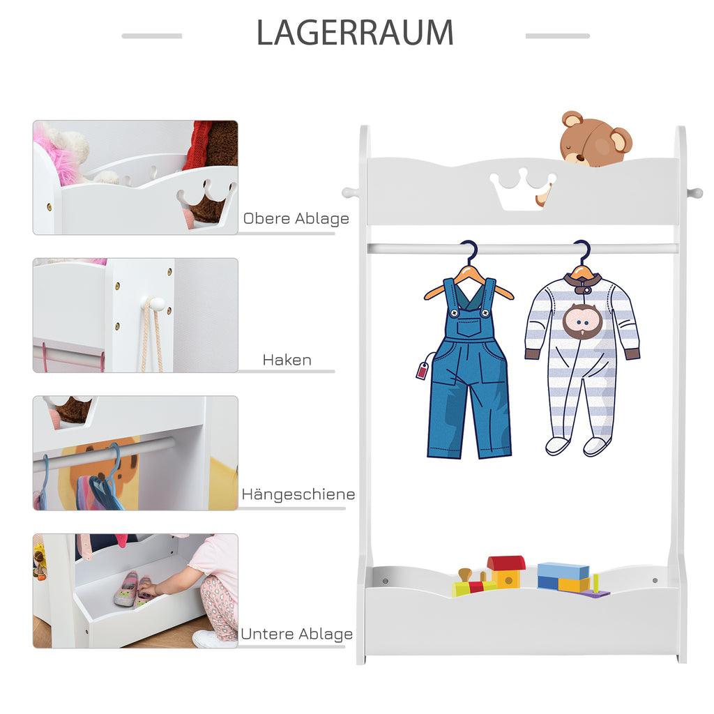 HOMCOM Kinder-Kleiderständer Garderobenständer mit Kleiderstange Kinderzimmer für 3-8 Jahre Kinder Weiß MDF Kiefernholz 70,5 x 37 x 103 cm