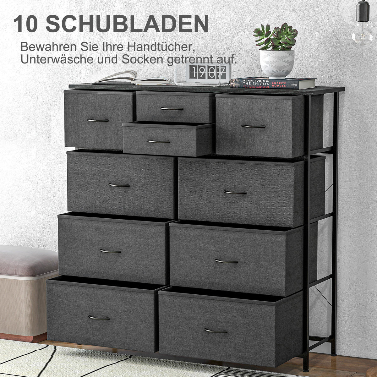 HOMCOM Kommode, Sideboard mit Stoffschubladen, 10 Fächer, Metallrahmen, 100x30x100cm, Schwarz