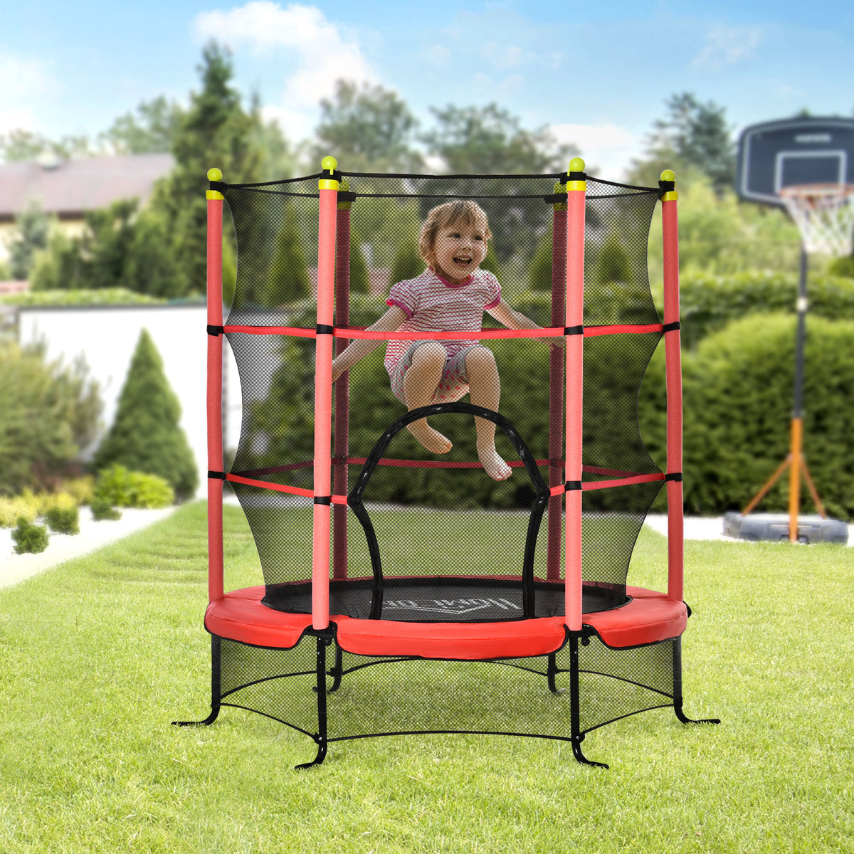 HOMCOM Kindertrampolin mit Sicherheitsnetz, Randpolsterung, wetterfest, Metallrahmen, bis 50 kg, Ø163cm x 163 cm, Rot