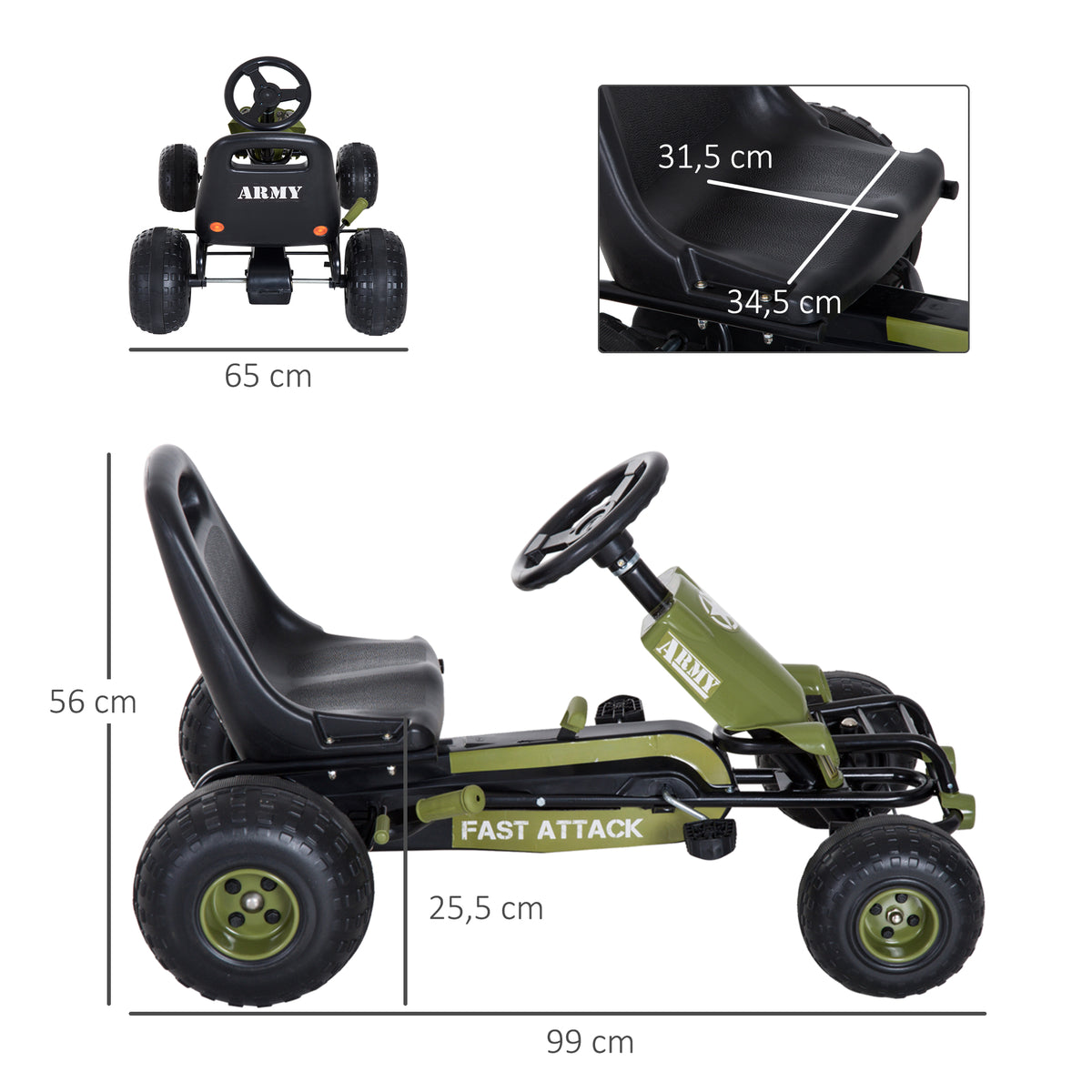 HOMCOM Go Kart Tretauto Tretfahrzeug mit Handbremse, Vor- und Rückwärtsgang, Kinderfahrzeug Kettcar Tretfahrzeug mit Verstellbarem Sitz für Kinder 3-6 Jahren, 99 x 65 x 56cm Grün