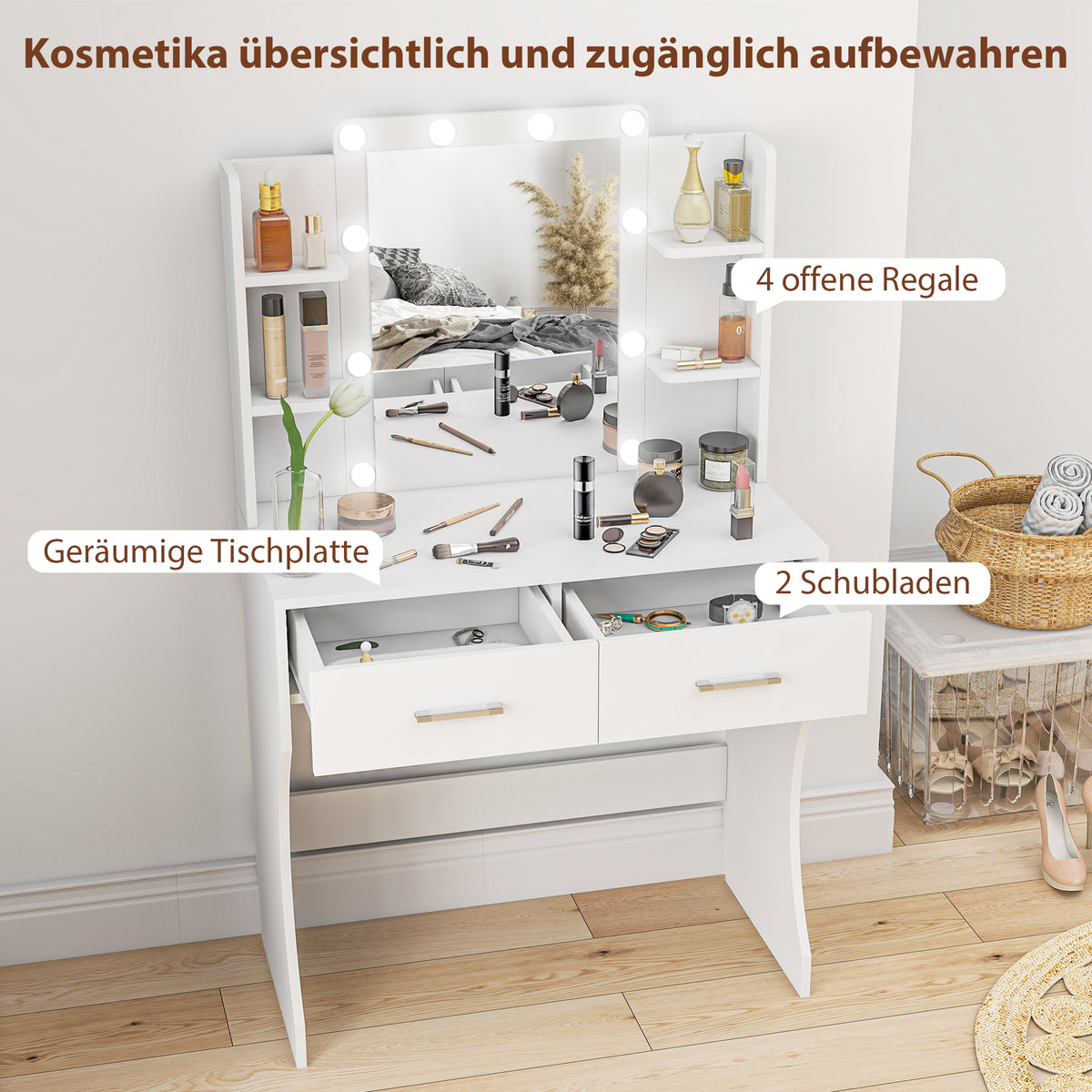 HOMCOM Schminktisch mit Spiegel und dimmbaren LED-Lampen, Schubladen, Regale, Weiß