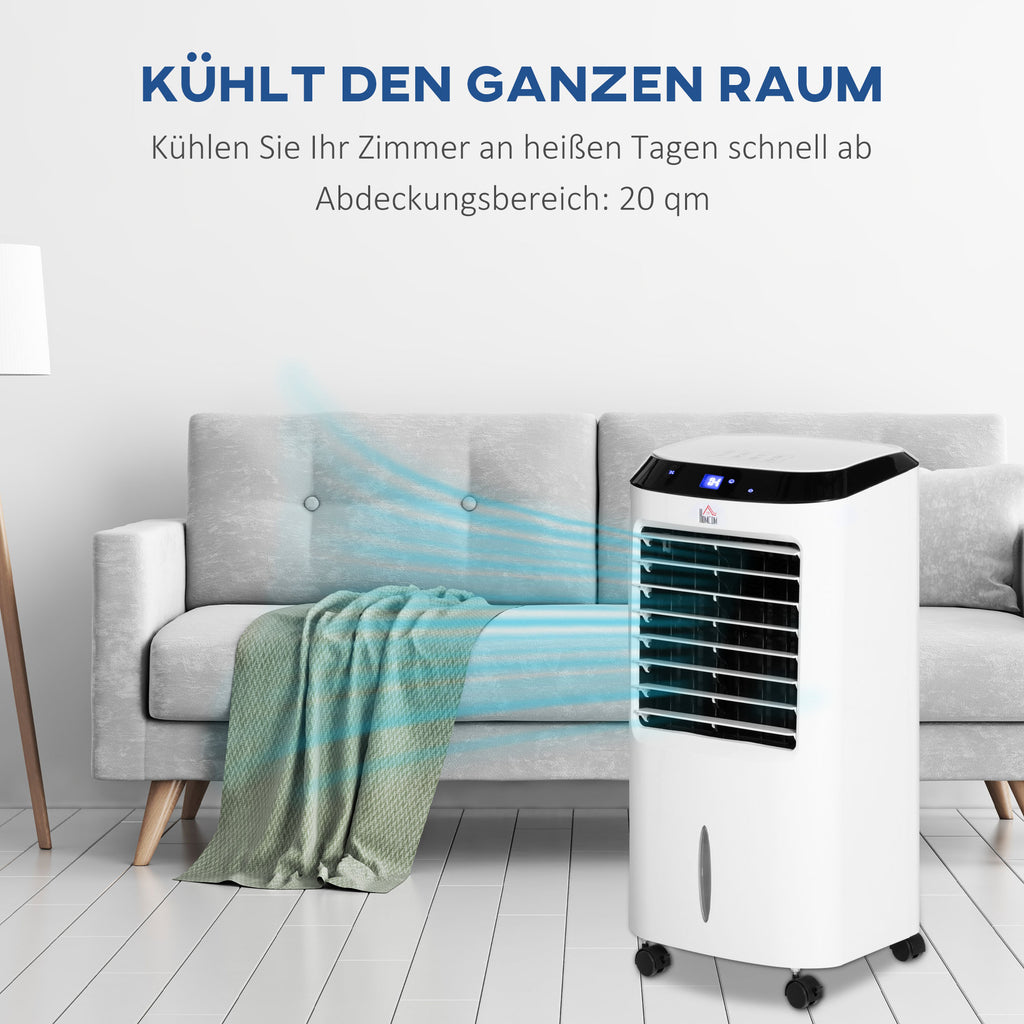 HOMCOM 10L 4 in 1 Mobile Klimaanlage mit Luftbefeuchtung Wasserkühlung Klimagerät Luftkühler 8h Timer Fernbedienung Nutzungsraum 20㎡ 60W ABS Weiß+Schwarz 38,2 x 31,6 x 76 cm