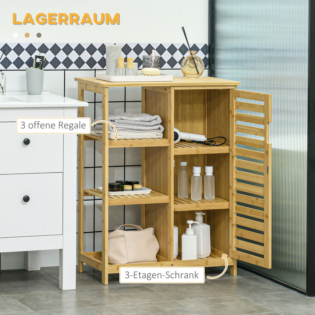 kleankin Badezimmerschrank aus Bambus, 3 Regale, 1 Schrank mit Lamellentüren, Natur