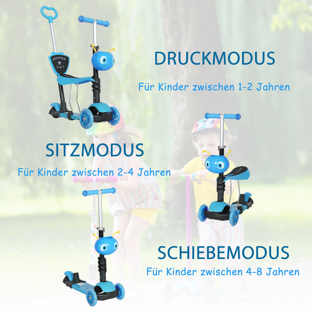 HOMCOM 5-in-1 Kinderroller Scooter Tretroller Cityroller Kinder Roller Kickboard Lenker Teleskoprohr höhenverstellbar Blau 62 x 25 x 72,5 cm