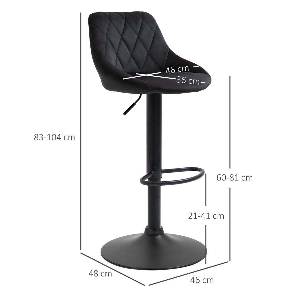HOMCOM Barhocker 2er-Set Barstuhl mit Lehne, Samt-Optik, Stahlgestell, Höhenverstellbare Küchenstühle mit Fußstütze Drehbar Tresenhocker, Schwarz