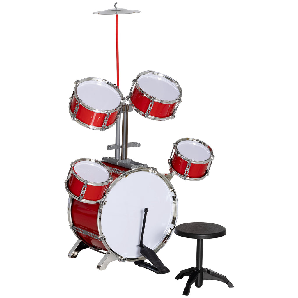 AIYAPLAY Set Batteria per Bambini da 5 Pezzi mit Grancassa mit Pedale, Trommeln, Becken und Hocker, Alter 3-6 Jahre, Rot
