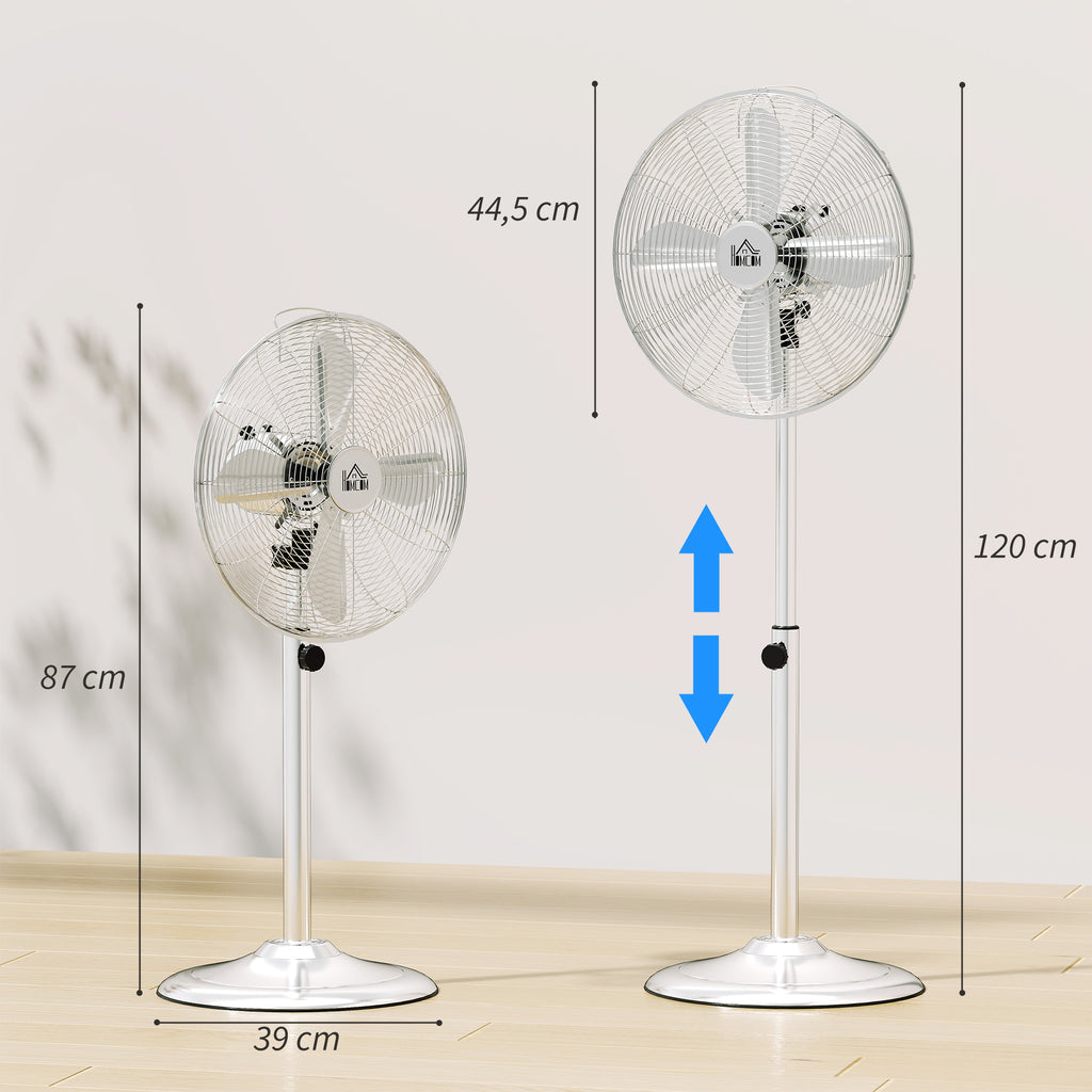 HOMCOM 120 cm Standventilator, Ventilator, Höhenverstellbarer Lüfter, 3 Geschwindigkeitsstufen, Verstellbarer Neigungswinkel, Stahl, Silber