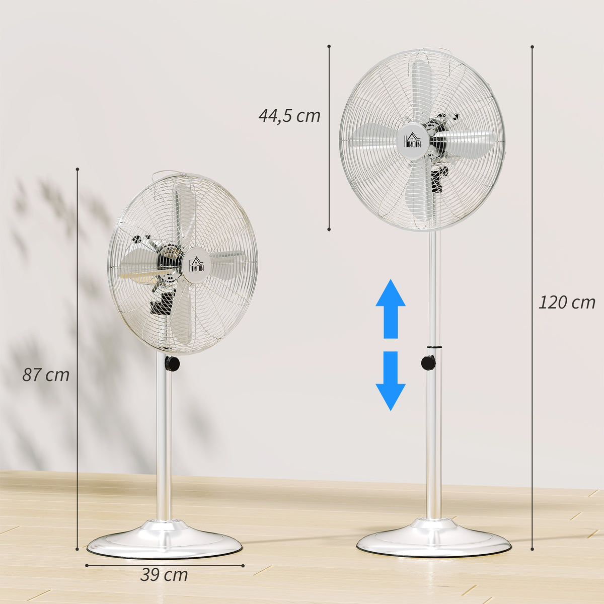 HOMCOM 120 cm Standventilator, Ventilator, Höhenverstellbarer Lüfter, 3 Geschwindigkeitsstufen, Verstellbarer Neigungswinkel, Stahl, Silber