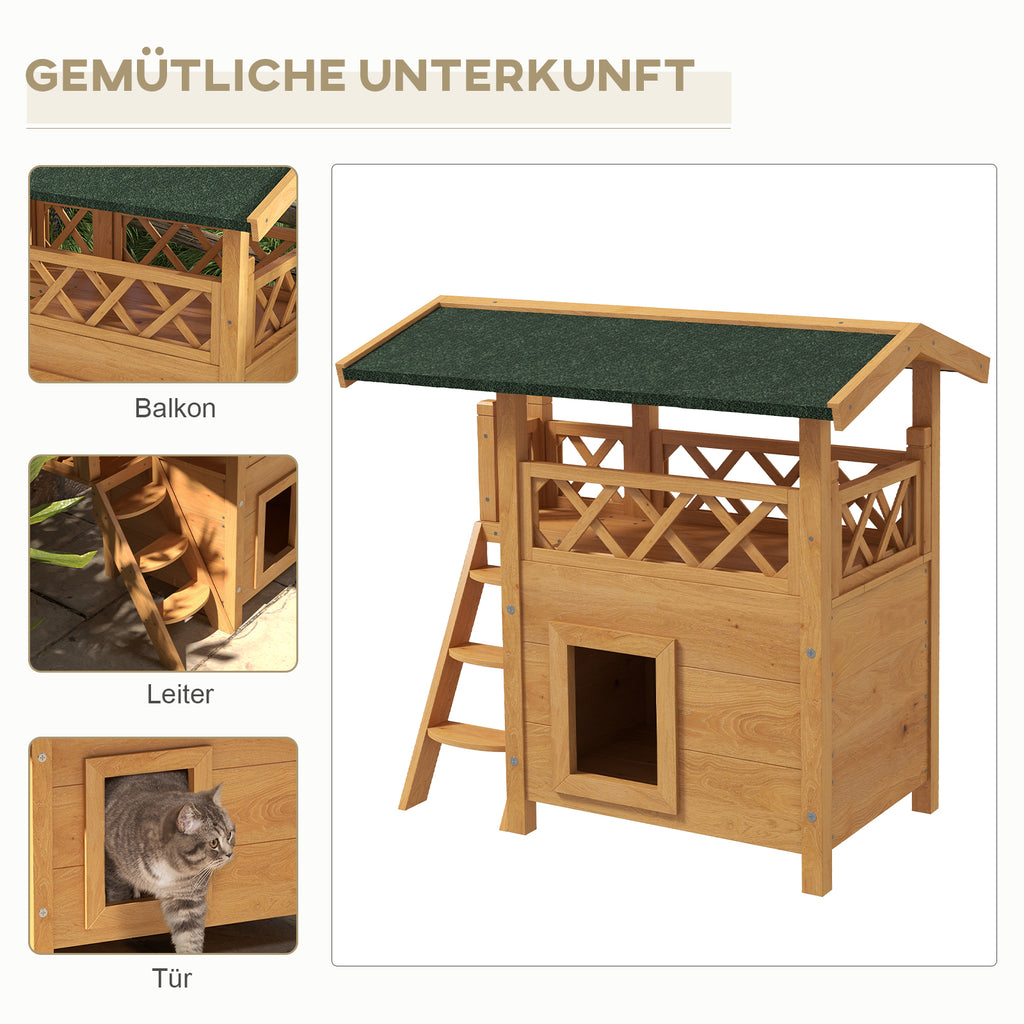 PawHut Katzenhaus Katzenhütte Haustierhütte, Asphaltdach, 2 Ebenen, 1 Leiter, Natur + Grün