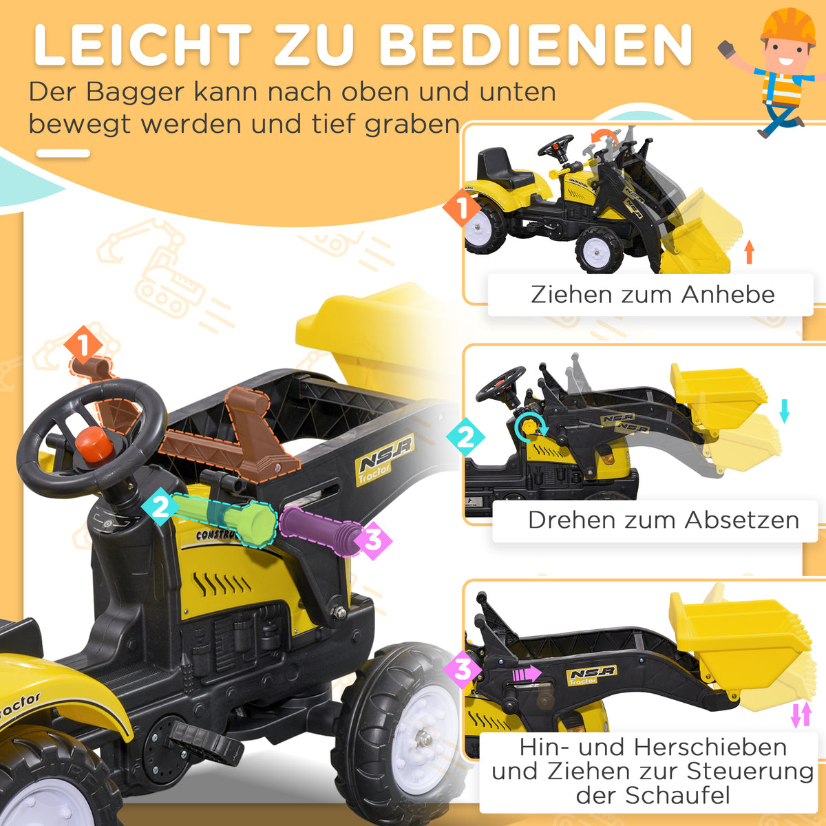 HOMCOM Kinder-Radlader, bewegliche Schaufel, Hupe, Pedalantrieb, ab 3 Jahren, Metallrahmen, gelb, 114 x 41 x 52 cm