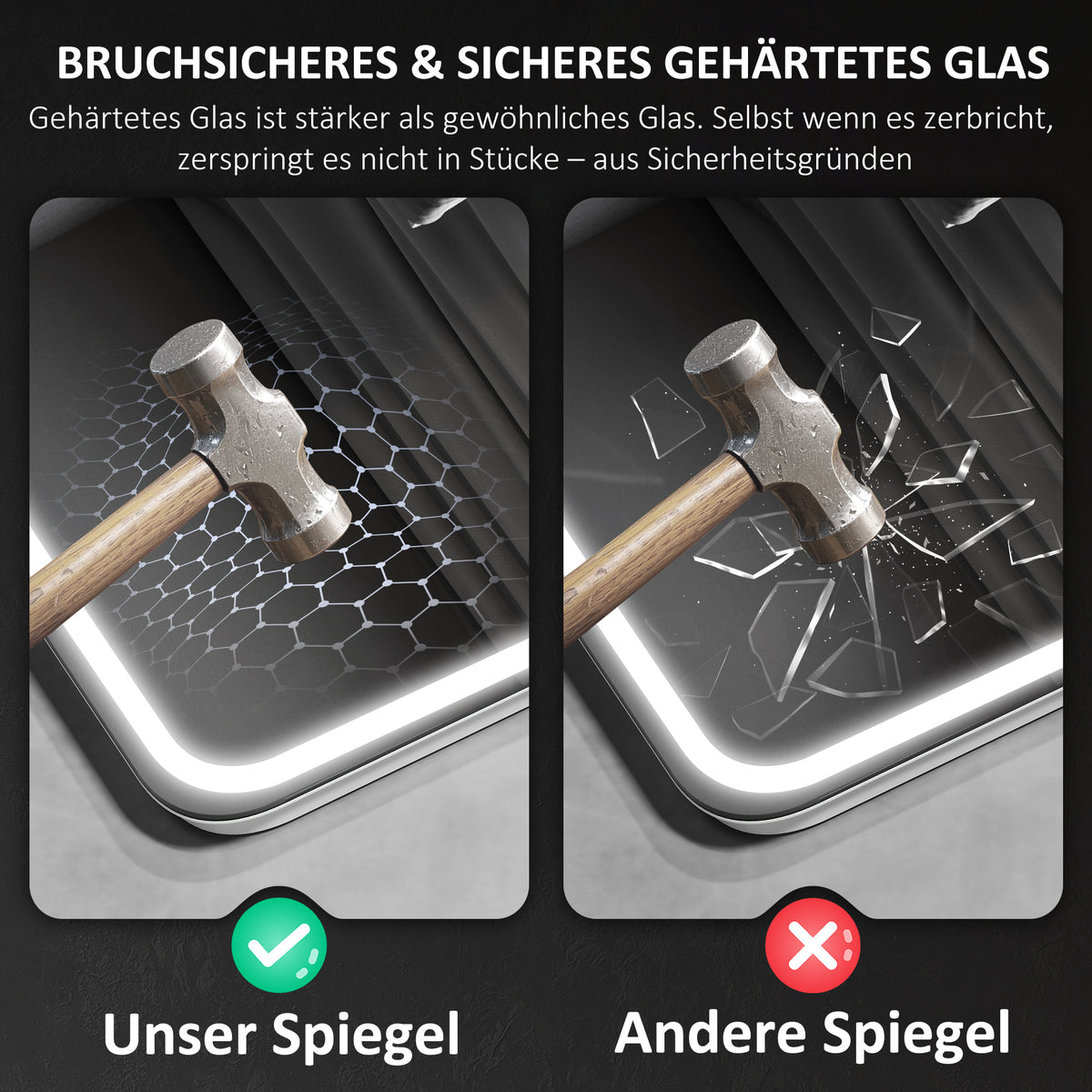 HOMCOM Badezimmerspiegel mit LED-Beleuchtung, Anti-Beschlags-Pad, 3 verstellbare Farben, Uhr, 700 x 900 mm, Silberfarben