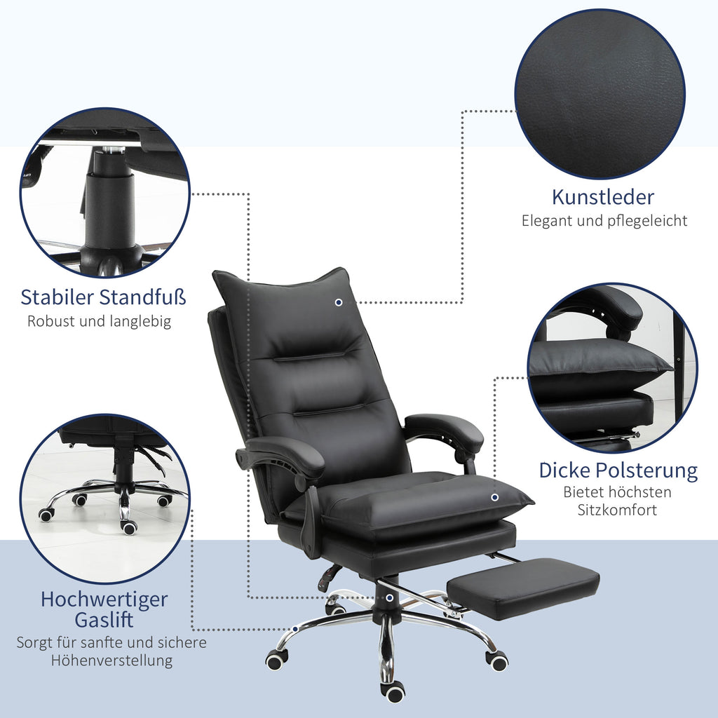 Vinsetto Bürostuhl mit Liegefunktion, ergonomisch Schreibtischstuhl, höhenverstellbar Drehstuhl mit Fußstütze, gepolstert, bis 135 kg belastbar, für Büro, Arbeitszimmer, Schwarz