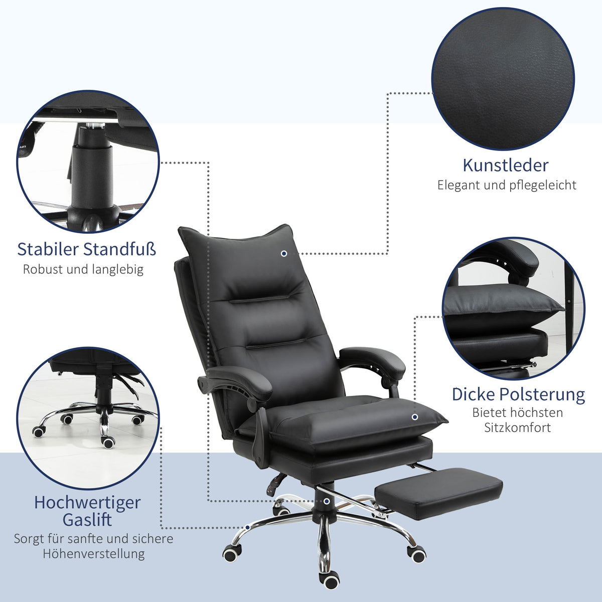 Vinsetto Bürostuhl mit Liegefunktion, ergonomisch Schreibtischstuhl, höhenverstellbar Drehstuhl mit Fußstütze, gepolstert, bis 135 kg belastbar, für Büro, Arbeitszimmer, Schwarz