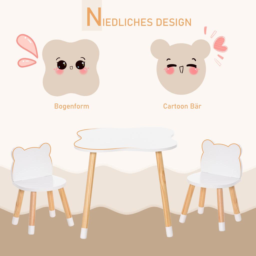 HOMCOM 3-teiliges Kindertisch-Set bogenförmige Kindersitzgruppe Tisch mit 2 Stühlen MDF Tischbeine aus Kiefernholz Weiß+Naturholz 56 x 56 x 50 cm