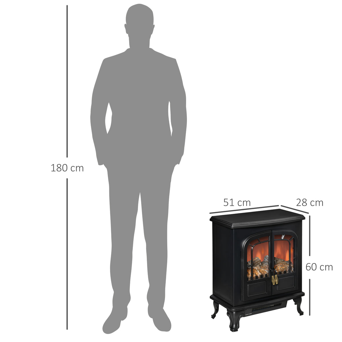 HOMCOM Elektrischer Kaminofen im neo-retro Stil 2 Türen Gehärtetes Glas 1000/2000 W LED einstellbare Helligkeit Stahl ABS Schwarz