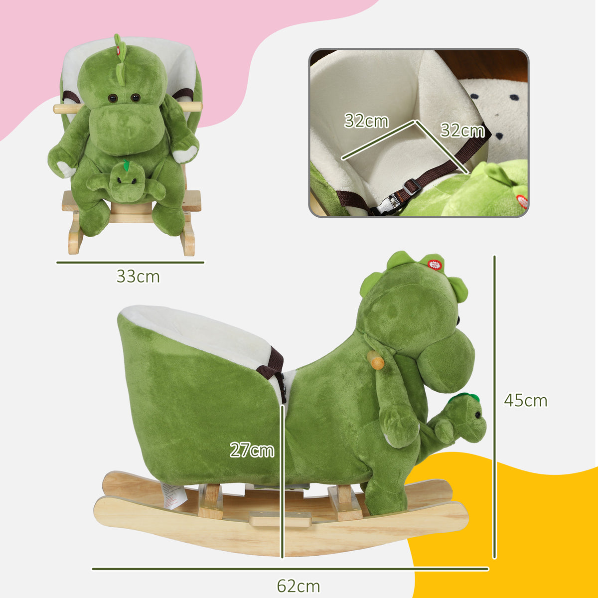 AIYAPLAY Dinosaurier Schaukelpferd Kinder 18-36 Monate mit Dinosaurier-Handpuppe Sicherheitsgurt und 32 Liedern