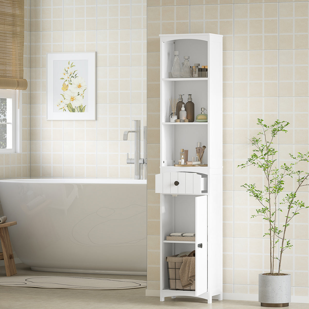 HOMCOM Badezimmerschrank mit 3 Regalen, 1 Schublade, robust, MDF, Weiß