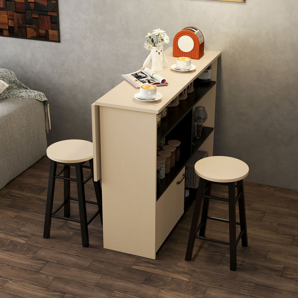HOMCOM 3-tlg. Barset, Bartisch mit klappbarer Tischplatte, 2 Barhocker, 6 Staufächer, schwarz+Eiche, 116 x 70 x 89,5 cm