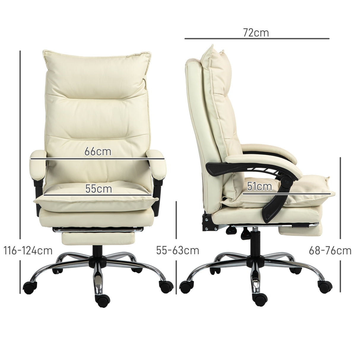 Vinsetto Bürostuhl, verstellbare Sitzhöhe, Fußstütze, Kunstleder, bis 135 kg, Metallbasis, 66x72x116-124cm, Beige