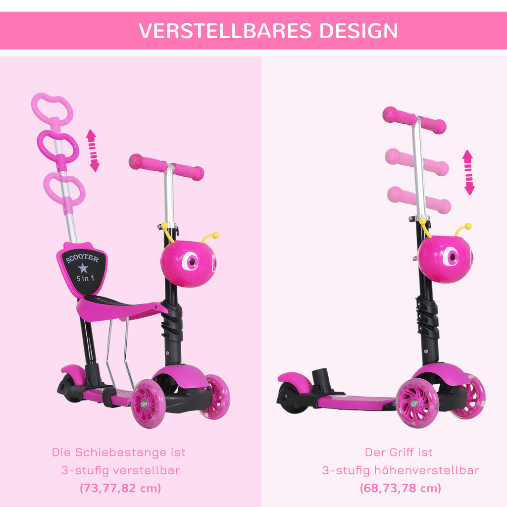 HOMCOM 5-in-1 Kinderroller höhenverstellbarer Tretroller Cityroller Scooter Kinder Roller Kickboard Lenker Teleskoprohr Rosa 62 x 25 x 72,5 cm