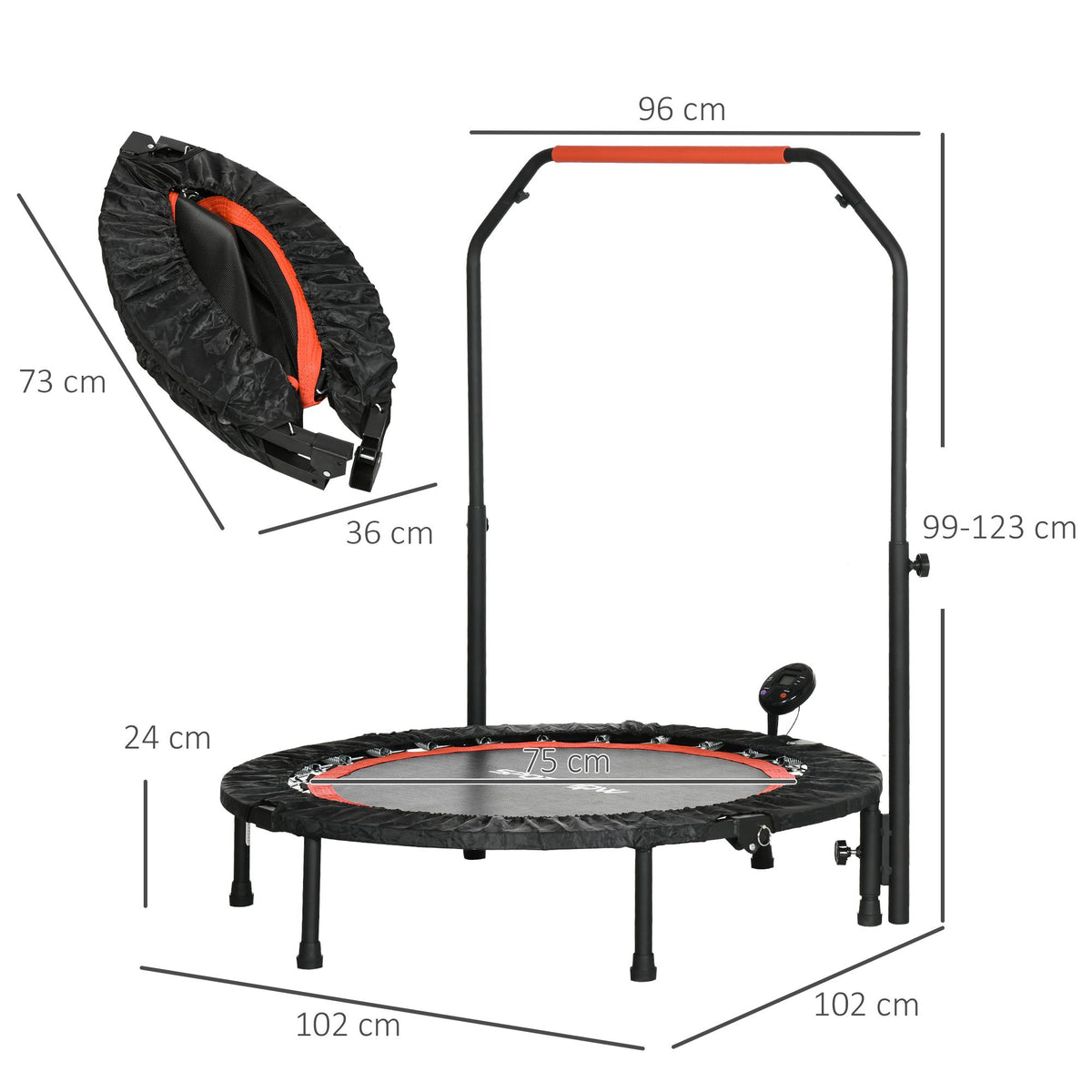 SPORTNOW Mini-Trampolin, mit höhenverstellbarem Haltegriff, LCD-Monitor, Stahl, schwarz+rot, Ø102 x 99-123cm