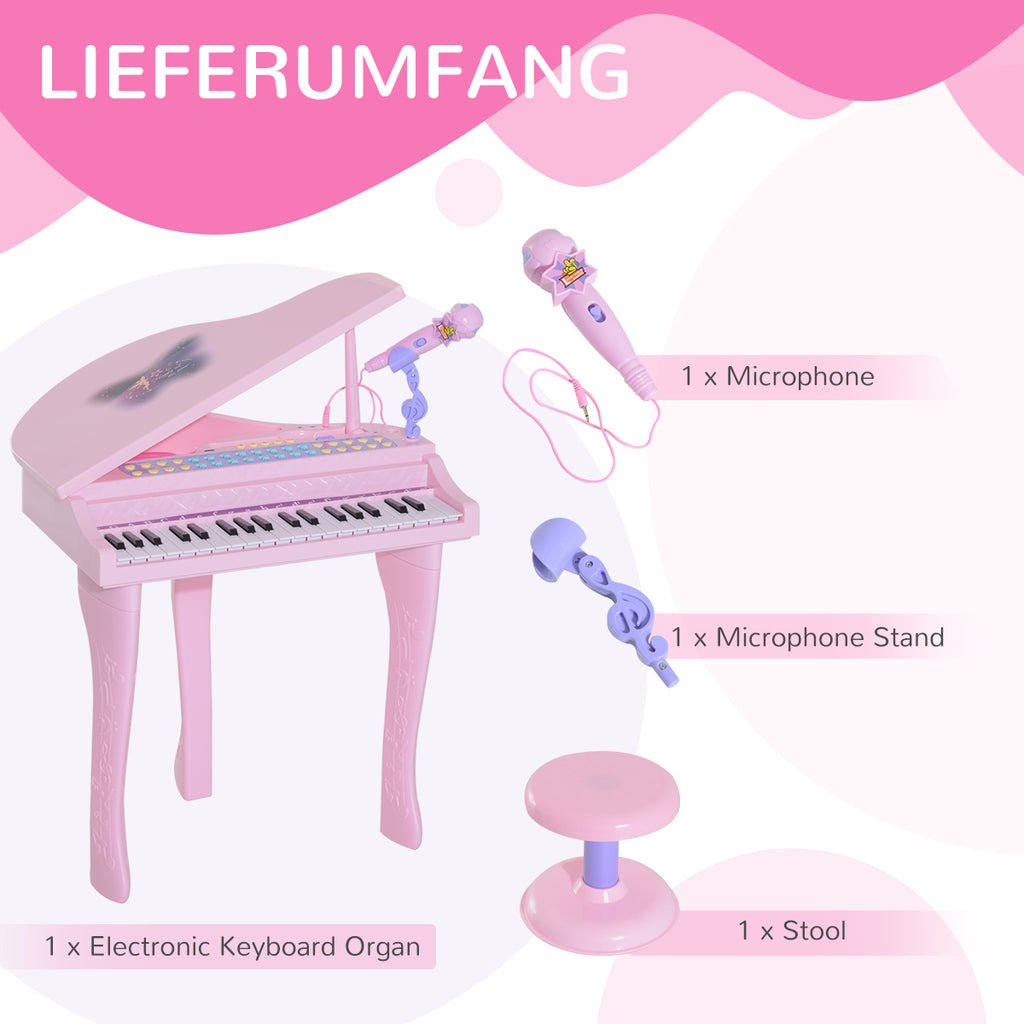 HOMCOM Kinder Klavier Mini-Klavier Piano Keyboard Musikinstrument MP3 USB inkl. Hocker 37 Tasten Rosa