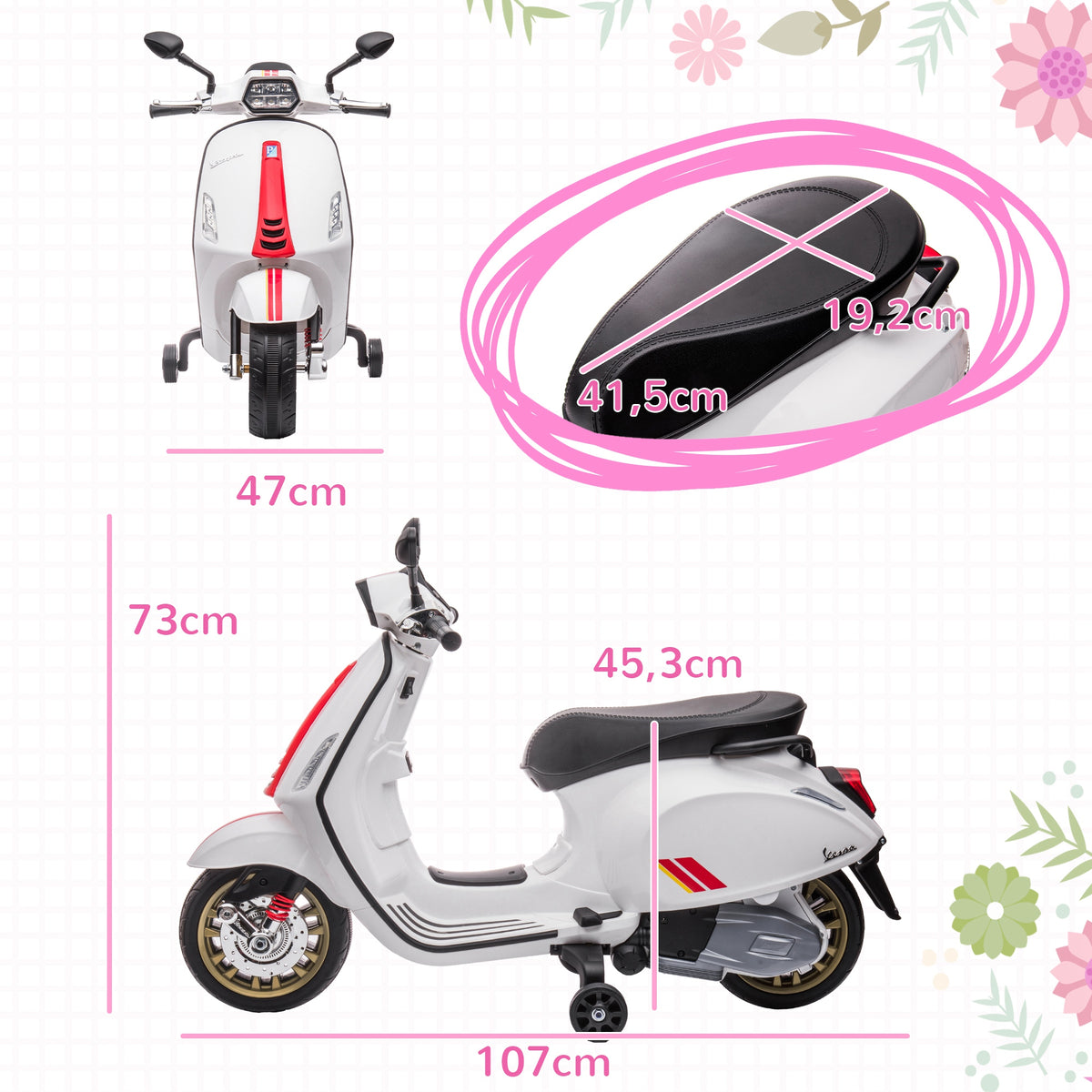 AIYAPLAY Elektro-Kindermotorrad, Vespa, 3 km/h, 3-6 Jahre, Musik, Licht & Radio, Weiß