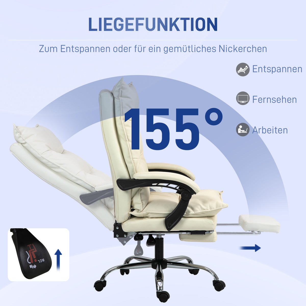 Vinsetto Bürostuhl, verstellbare Sitzhöhe, Fußstütze, Kunstleder, bis 135 kg, Metallbasis, 66x72x116-124cm, Beige