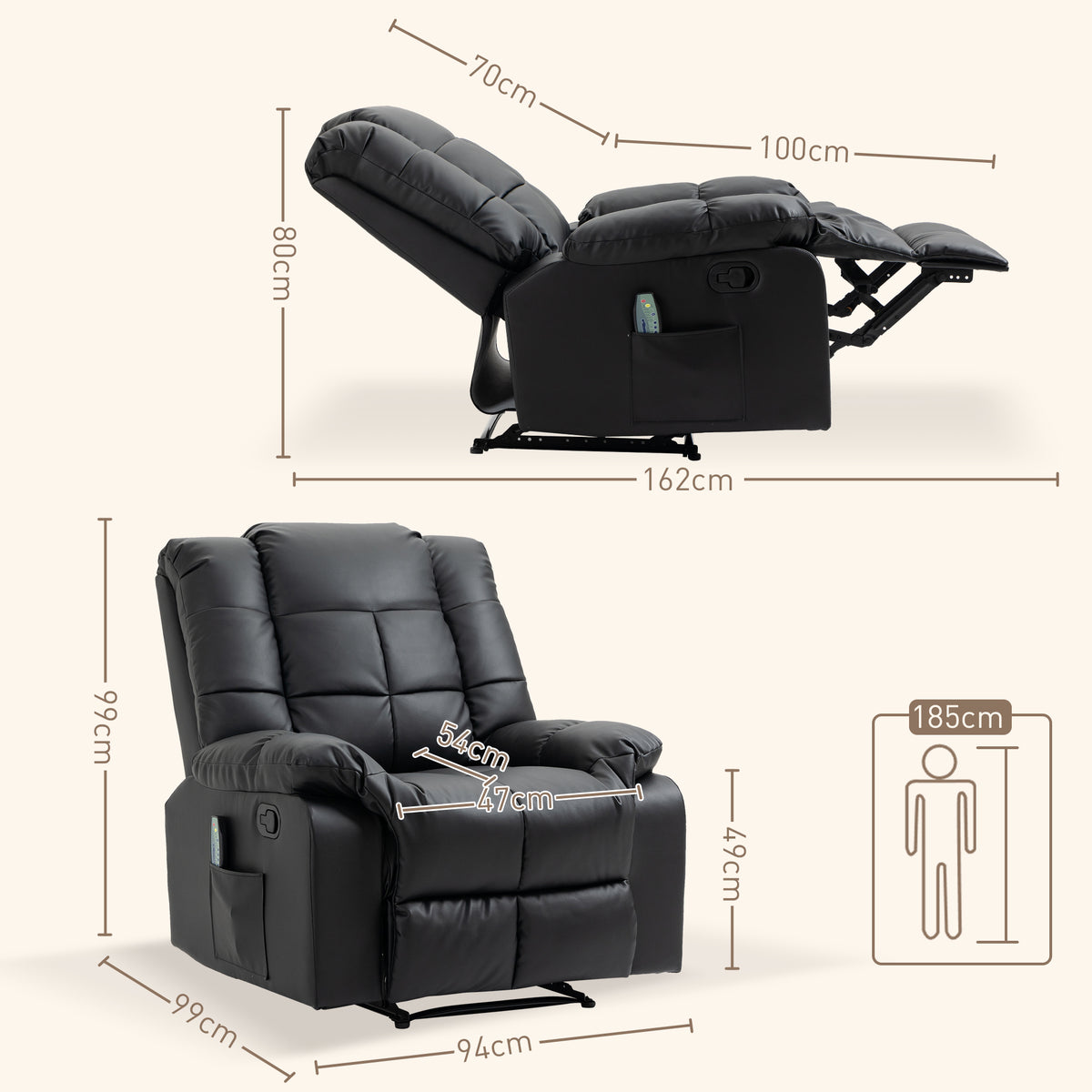 HOMCOM Massagesessel, Relaxsessel, 8 Vibrationspunkte, Liegefunktion, Kunstleder, schwarz, 94x99x99cm