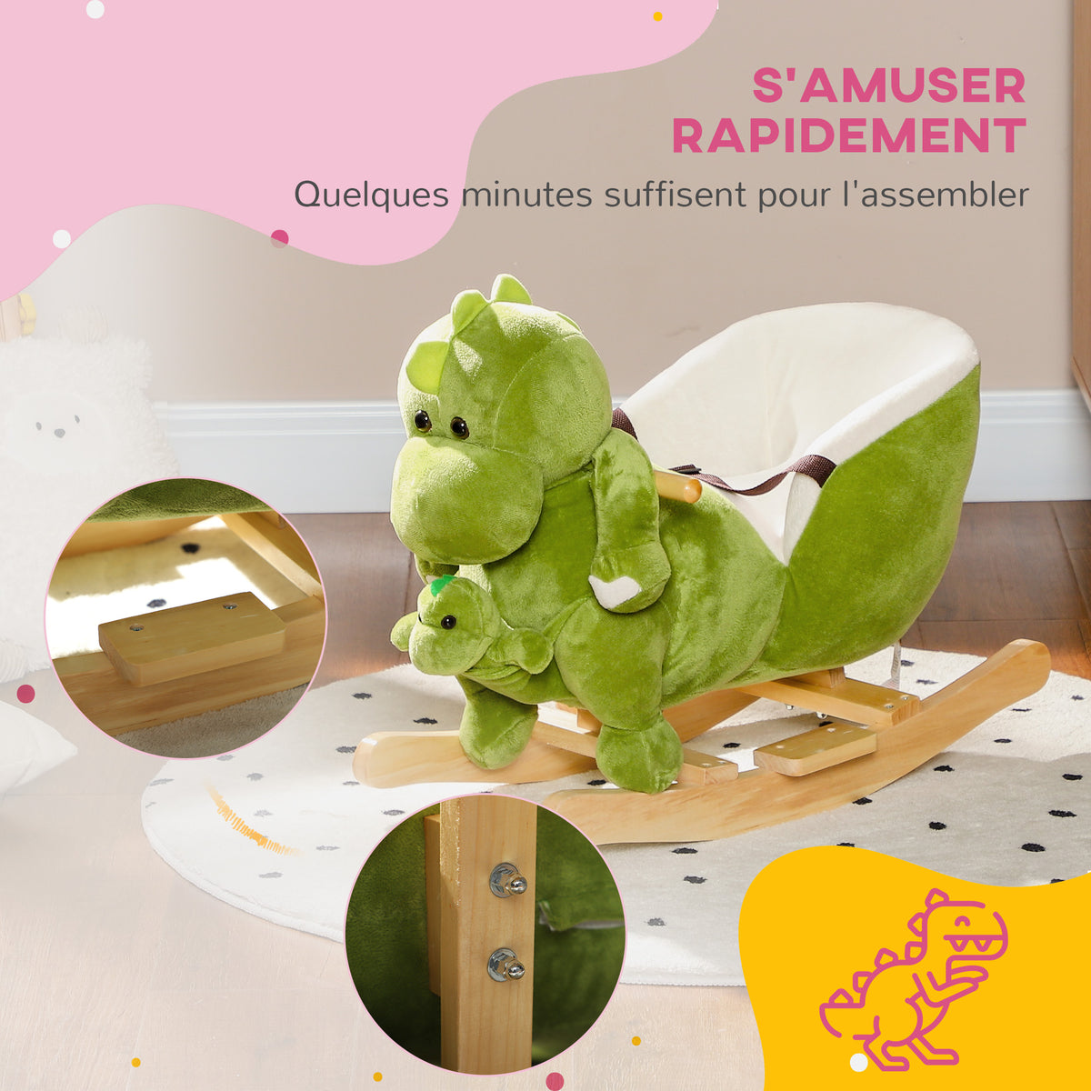 AIYAPLAY Dinosaurier Schaukelpferd Kinder 18-36 Monate mit Dinosaurier-Handpuppe Sicherheitsgurt und 32 Liedern
