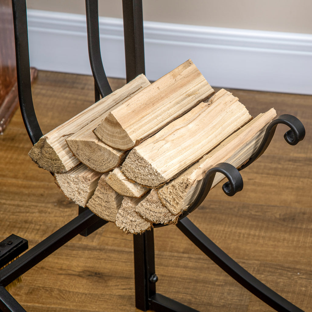 Outsunny Kaminholzregal Holzständer Holzablage mit 4 Haken 2 Schichten Metall Schwarz 84 x 33 x 76 cm