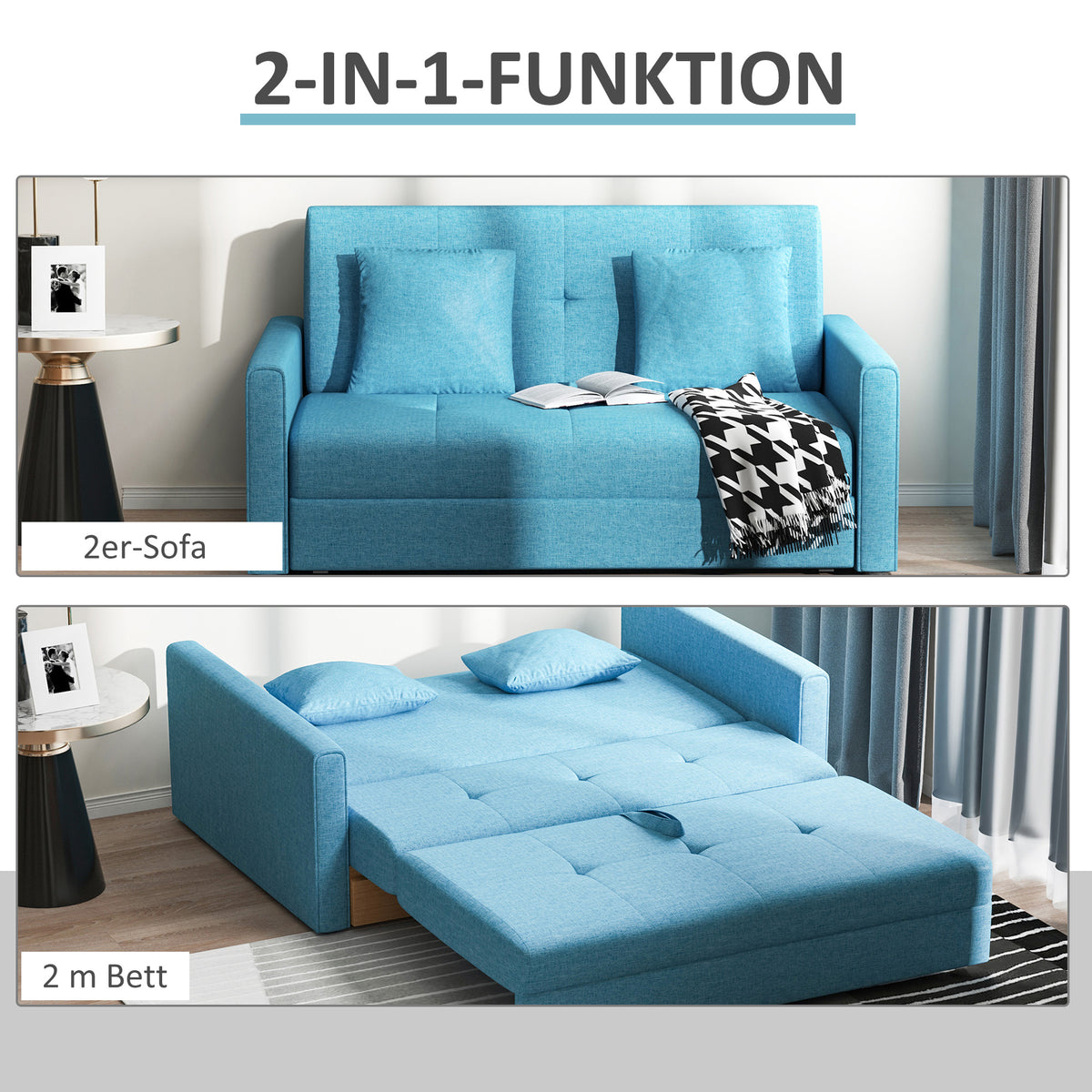 HOMCOM Schlafsofa, 2er-Sofa, mit verstecktem Stauraum, Polyester, Hellblau, 152 x 101 x 81cm