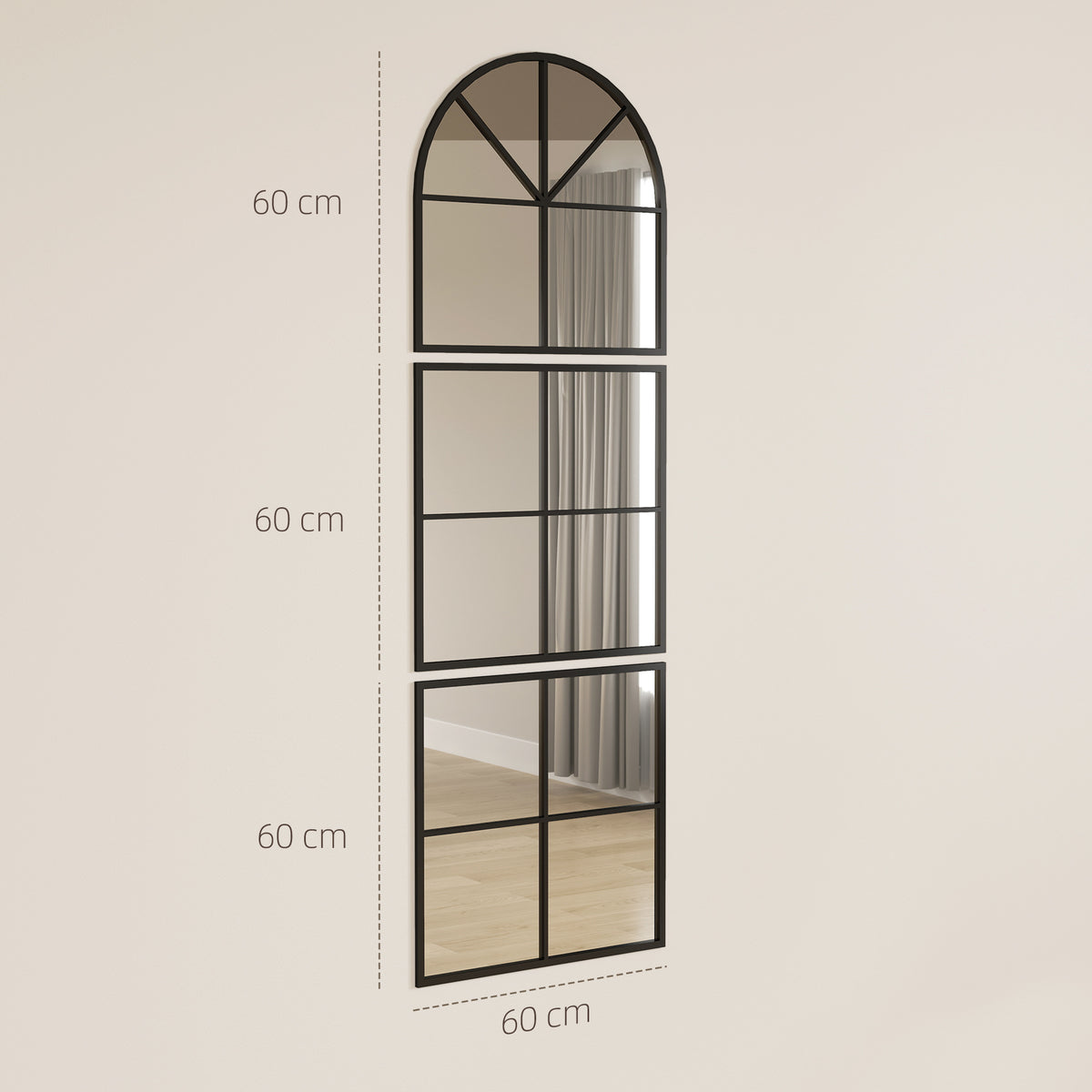 HOMCOM Wandspiegel dreiteilig, bogenförmiger Spiegel mit Metallrahmen, dekorativ 60 x 2 x 180 cm Schwarz