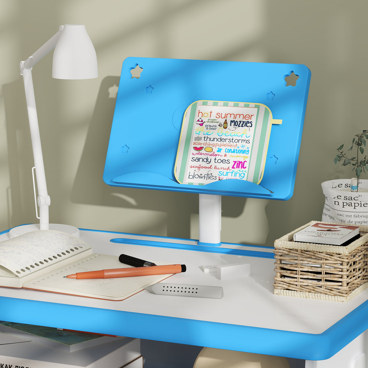 HOMCOM Kinder-Schreibtisch und Stuhl mit Leseständer Fach Haken und Stifthalter 60 x 45x 90-102 cm blau