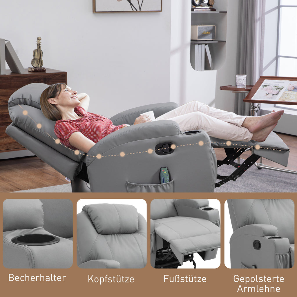 HOMCOM Massagesessel, 8 Vibrationspunkte, Becherhalter, Kunstleder, Hellgrau