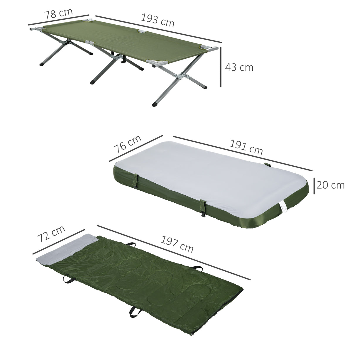 Outsunny Campingbett Feldbett, 5-teiliges-Set, inkl. Transporttasche, 193 x 86 x 43/63 cm, Grün