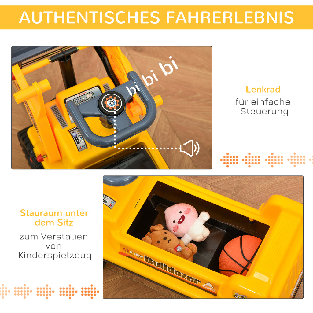 HOMCOM Sitzbagger für Kinder Rutsch Auto Sandspielzeug Rutscherfahrzeug für Kinder 2-3 Jahre PP-Kunststoff ABS Gelb+Schwarz+Grau 70 x 26 x 37 cm
