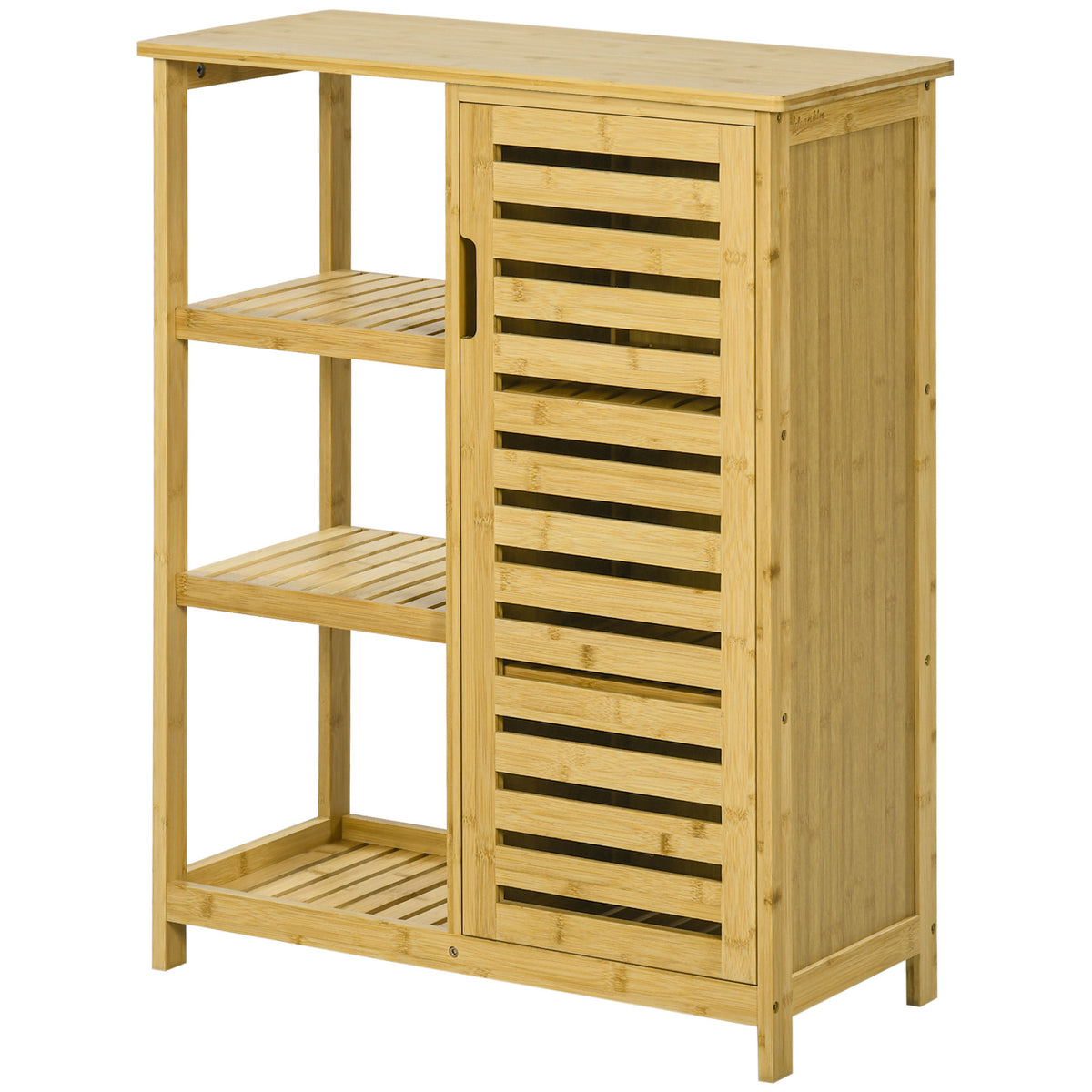 kleankin Badezimmerschrank aus Bambus, 3 Regale, 1 Schrank mit Lamellentüren, Natur