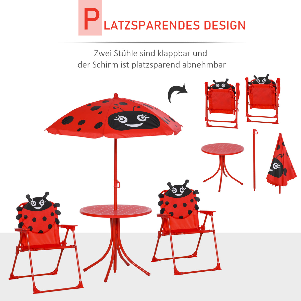 Outsunny 4tlg. Kindersitzgruppe Garten Gartentisch 2 Klappstühle Sonnenschirm Camping Kindersitzgarnitur Gartenmöbel für 3-5 Jahre Rot