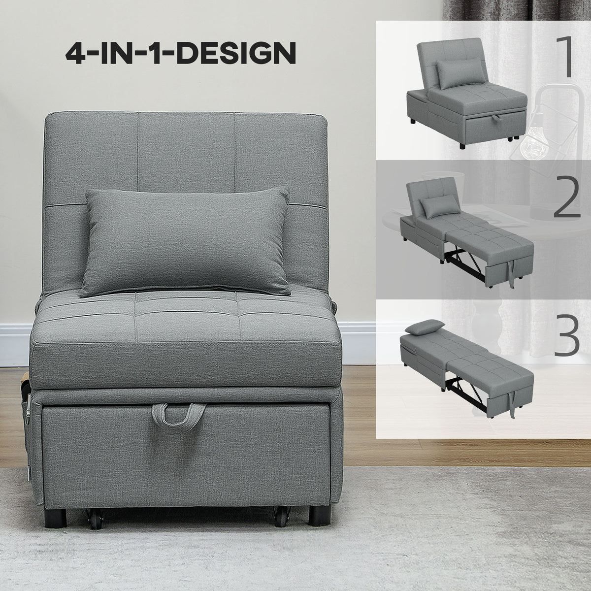 HOMCOM 3-in-1 Klappsessel mit Seitentasche, Gästebett mit Kissen, Verstellbarer Rückenlehne, Bettsessel mit Rollen, Hellgrau