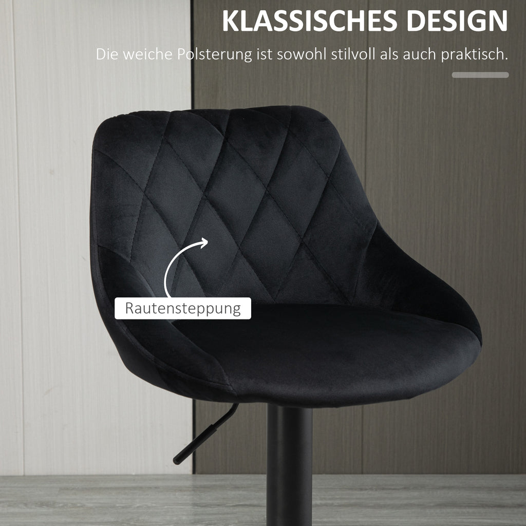 HOMCOM Barhocker 2er-Set Barstuhl mit Lehne, Samt-Optik, Stahlgestell, Höhenverstellbare Küchenstühle mit Fußstütze Drehbar Tresenhocker, Schwarz