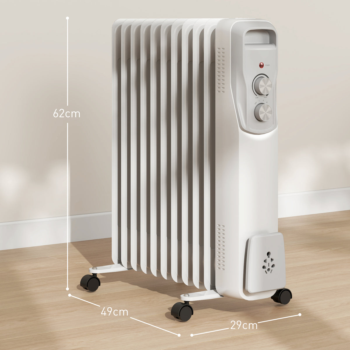 HOMCOM Ölradiator 2500W, leiser elektrischer Heizkörper, 3 einstellbare Wärmestufen, Rollen, weiß